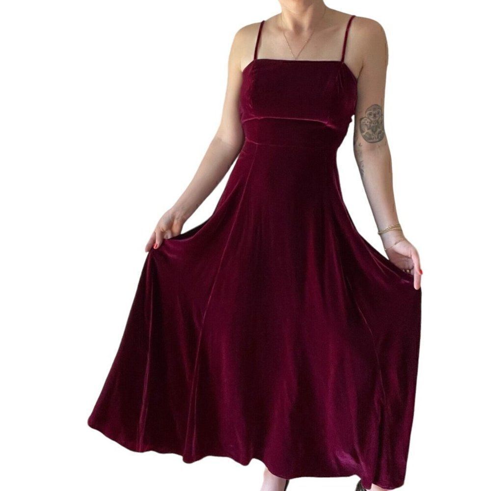 Vintage 1970s Womens Bonnie Strauss Red Crushed Velvet Square Neck Maxi Dress S - Picture 4 of 8